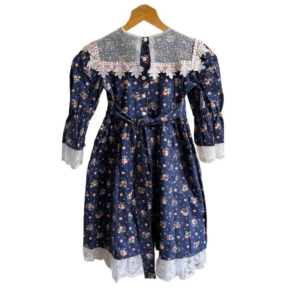 VTG 80s JINELLE Lace Collar Lace Trim Floral Garden Party Dress in Navy SZ 6 - Picture 7 of 12